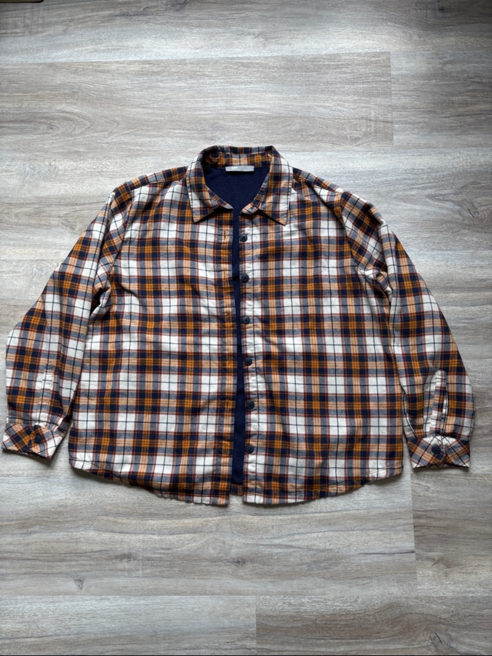 Riders by Lee Good XL Men’s Fleece Lined Shirt Long Sleeves White/Navy/Ora Plaid